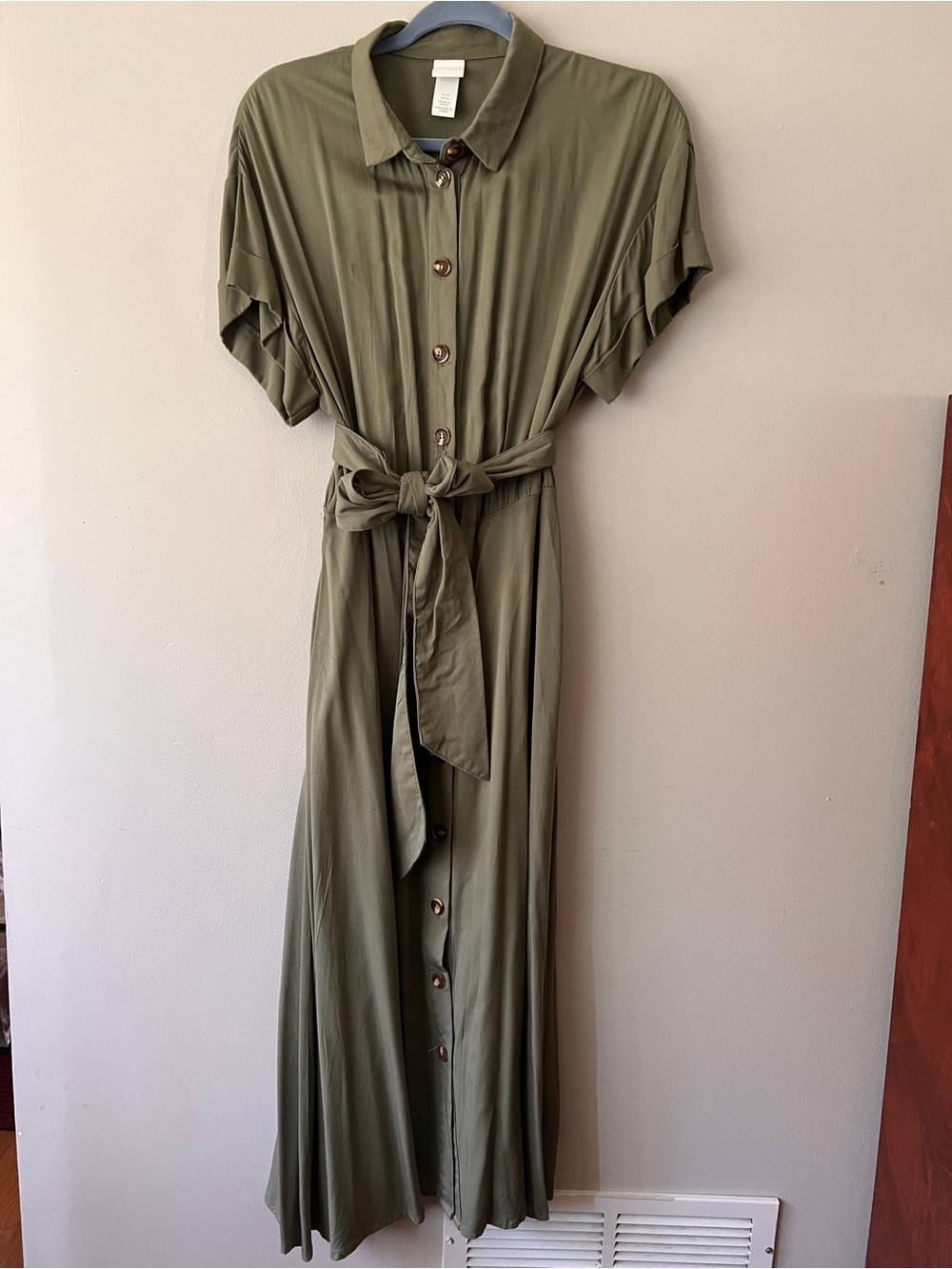 H&M Olive Green Button-Front Maxi Shirt Dress with Tie Waist